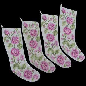 Imperial Elegance Set 4 Pink Rose Flower Floral Needlepoint Christmas Stockings